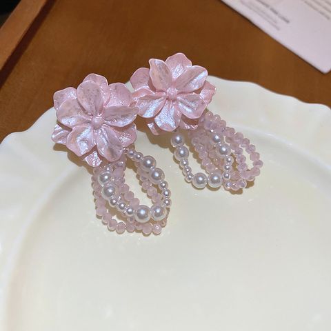 1 Pair Elegant Sweet Flower Beaded Crystal Drop Earrings
