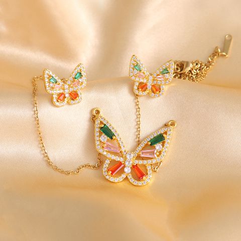 304 Stainless Steel Copper 18K Gold Plated Casual Elegant Lady Plating Inlay Butterfly Zircon Earrings Necklace Jewelry Set