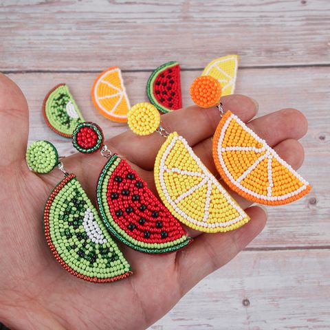 1 Pair Vacation Tropical Fruit Watermelon Beaded Fruit Beaded Nonwoven Glass Drop Earrings