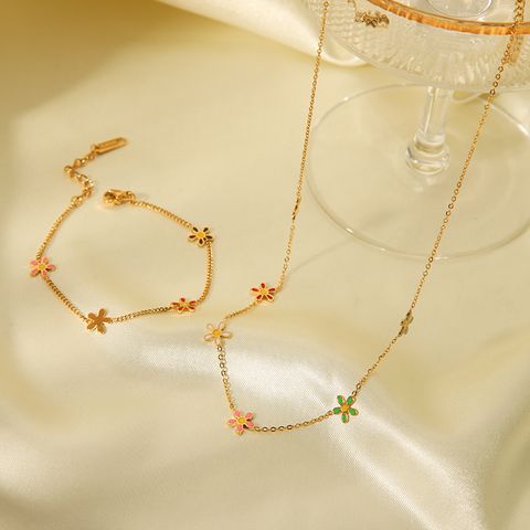 201 Stainless Steel 304 Stainless Steel 18K Gold Plated Beach Simple Style Classic Style Enamel Plating Flower Bracelets Necklace