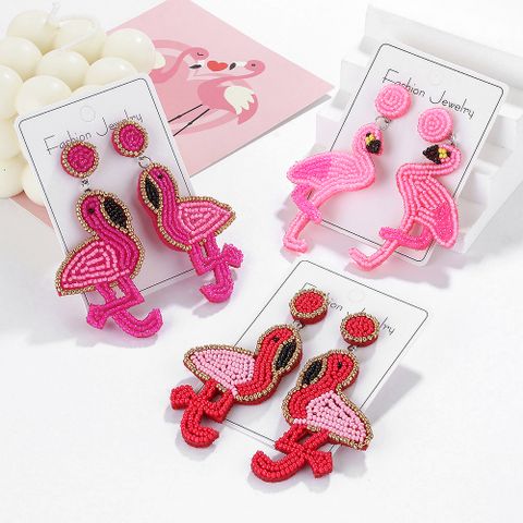 1 Pair Cute Romantic Flamingo Beaded Handmade Beaded Nonwoven Glass Drop Earrings