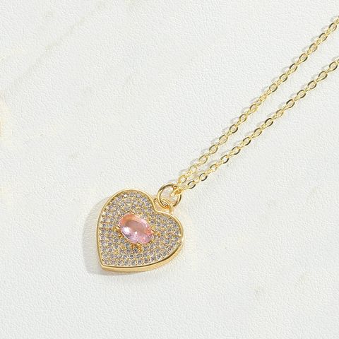 Wholesale Vintage Style Simple Style Commute Heart Shape Copper Inlay 14K Gold Plated Zircon Pendant Necklace