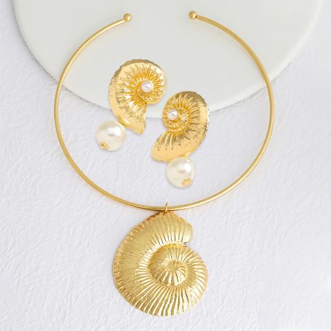 Hawaiian Simple Style Classic Style Conch K Gold Plated Pearl Alloy Wholesale Earrings Necklace