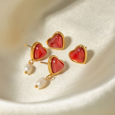 1 Pair Sweet Heart Shape Plating Inlay 304 Stainless Steel Red Agate 18K Gold Plated Drop Earrings