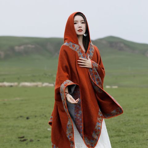 Women's Retro Ethnic Style Flower Twill Cotton Tassel Shawl