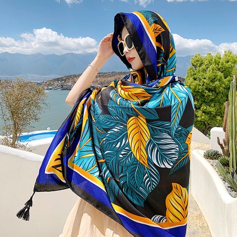 Women's Retro Ethnic Style Color Block Leaves Voile Printing Shawl