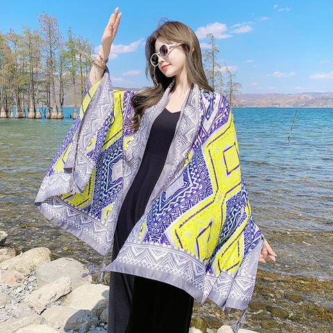 Women's Retro Ethnic Style Color Block Leaves Voile Printing Shawl
