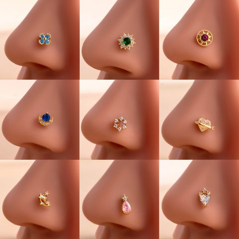 1 Piece Nose Rings & Studs Casual French Style Korean Style Water Droplets Heart Shape Flower 316L Stainless Steel  Copper Inlay Zircon Nose Rings & Studs