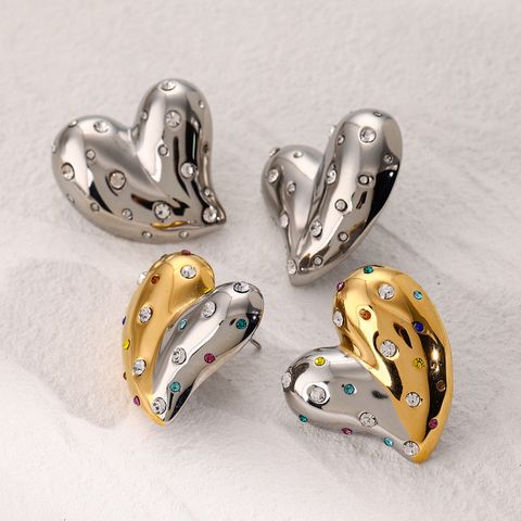 1 Pair Modern Style Classic Style Artistic Heart Shape Inlay 316 Stainless Steel  Rhinestones 18K Gold Plated Ear Studs
