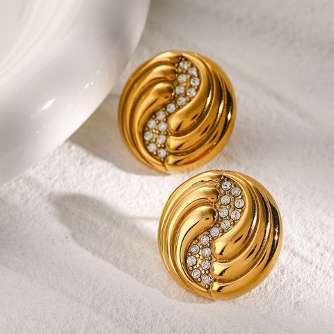 1 Pair IG Style Modern Style Classic Style Spiral Inlay 316 Stainless Steel  Rhinestones 18K Gold Plated Ear Studs