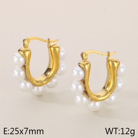 1 Pair Vintage Style U Shape Inlay 304 Stainless Steel Artificial Pearls Shell 18K Gold Plated Hoop Earrings