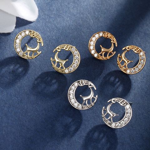 1 Pair IG Style Cute Korean Style Sika Deer Plating Inlay Copper Artificial Gemstones 14K Gold Plated Platinum Plated Ear Studs