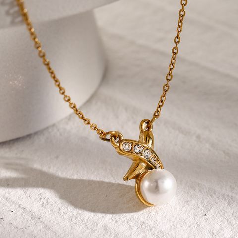 304 Stainless Steel 18K Gold Plated Classic Style Inlay Geometric Artificial Pearls Rhinestones Pendant Necklace