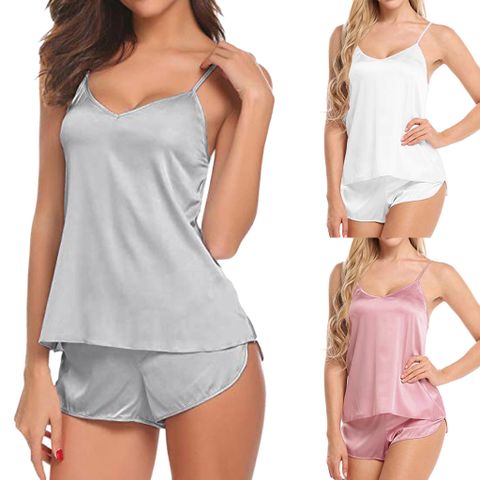 Home Daily Sleeping Women's Simple Style Solid Color Imitated Silk Polyester Shorts Sets Pajama Sets