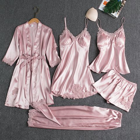 Home Daily Women's Luxurious Solid Color Imitated Silk Polyester Shorts Sets Pajama Sets