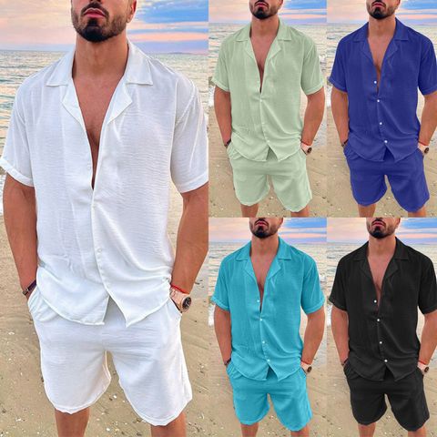 Men's Solid Color Simple Style Turndown Short Sleeve Regular Fit Men's Sets