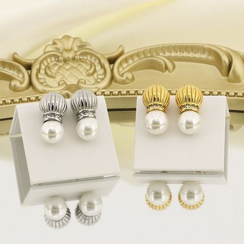 1 Pair Vintage Style Crown Inlay 304 Stainless Steel Pearl Zircon 18K Gold Plated Ear Studs
