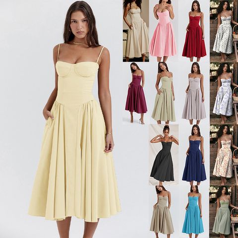 Women's Strap Dress Swing Dress Sexy Strap Printing Sleeveless Solid Color Maxi Long Dress Holiday Daily Date