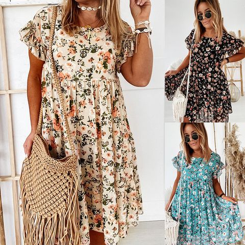 Women's Regular Dress Vacation Round Neck Printing Pleated Short Sleeve Ditsy Floral Knee-Length Holiday Beach