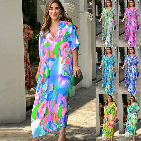Women's Swing Dress Vacation V Neck Printing Short Sleeve Color Block Maxi Long Dress Holiday Daily