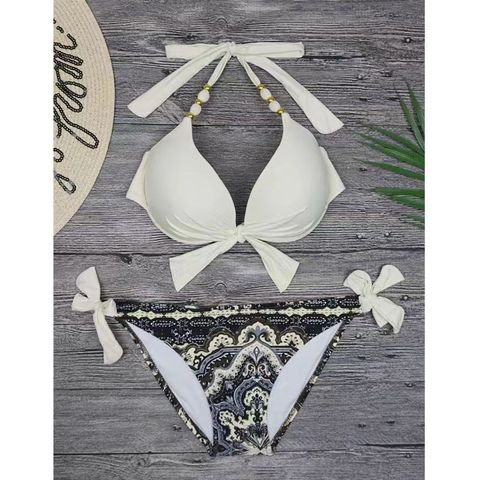 Women's Ditsy Floral Solid Color Bow Knot 2 Pieces Set Bikinis Swimwear