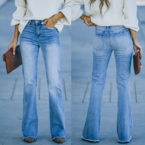 Frau Ferien Täglich Einfacher Stil Einfarbig In Voller Länge Gewaschen Schlaghose Jeans