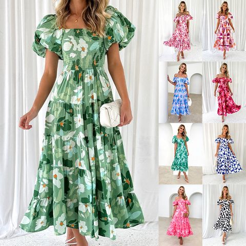 Women's Swing Dress Vacation U Neck Printing Long Sleeve Plaid Flower Maxi Long Dress Holiday Daily