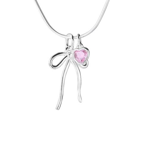 Sterling Silver Sweet Inlay Heart Shape Bow Knot Zircon Pendant Necklace