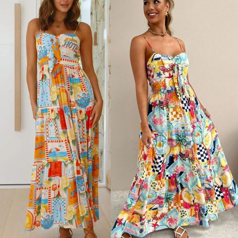 Women's Strap Dress Swing Dress Vacation Collarless Printing Bowknot Sleeveless Fruit Maxi Long Dress Holiday Beach