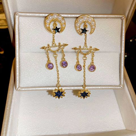 1 Pair Elegant Luxurious Star Moon Inlay Copper Imitation Pearl Rhinestones 18K Gold Plated Drop Earrings