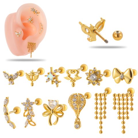 1 Piece Ear Cartilage Rings & Studs IG Style French Style Simple Style Tassel Flower Bow Knot Copper Tassel Inlay Zircon