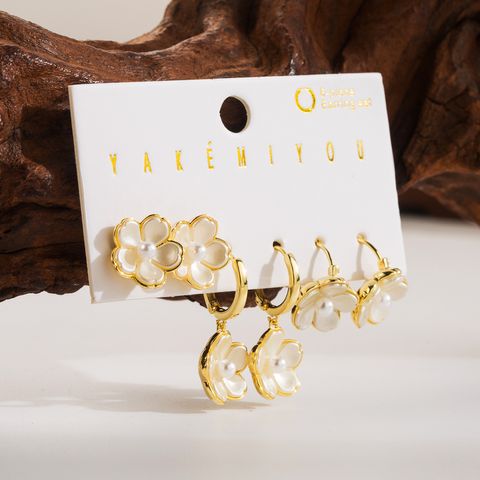 Copper 14K Gold Plated Cute Sweet Inlay Flower Acrylic Artificial Pearls Zircon Drop Earrings