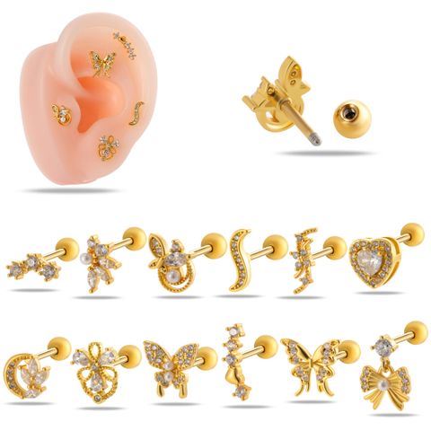 1 Piece Ear Cartilage Rings & Studs IG Style Simple Style Korean Style Heart Shape Butterfly Bow Knot Copper Inlay Zircon