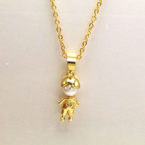 Copper 18K Gold Plated Simple Style Plating Cartoon Character Zircon Pendant Necklace
