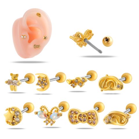 1 Piece Ear Cartilage Rings & Studs IG Style French Style Moon Butterfly Bow Knot Copper Inlay Zircon