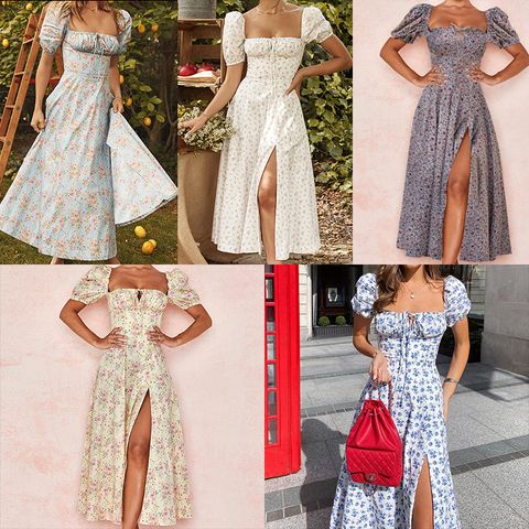 Women's Tea Dress Vacation Square Neck Bow Front Backless Short Sleeve Ditsy Floral Midi Dress Daily Beach