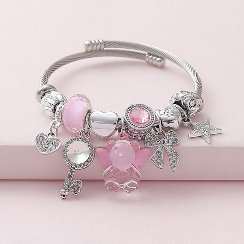 Wholesale Jewelry Cute Sweet Korean Style Bear Bow Knot Key Alloy Glass Rhinestones Beaded Inlay Bangle