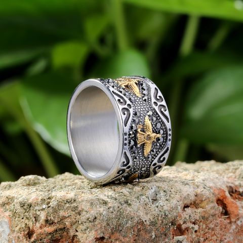 Gothic Cool Style Eagle 316 Stainless Steel  Inlay Rhinestones 18K Gold Plated Men's Rings