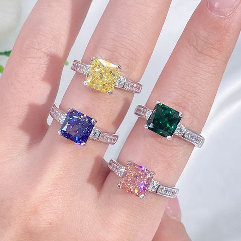 Sterling Silver Glam Shiny Plating Inlay Square Zircon Rings