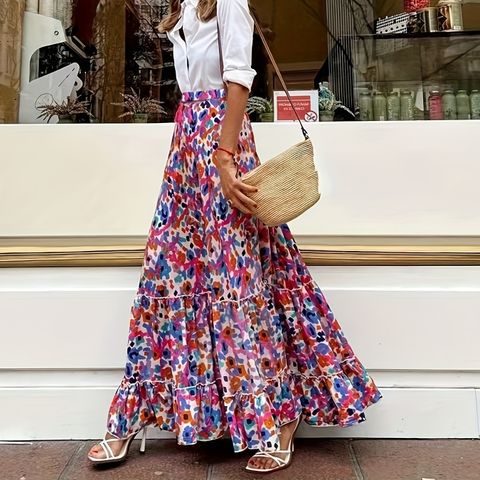 Summer Vacation Ditsy Floral Spandex Polyester Maxi Long Dress Skirts