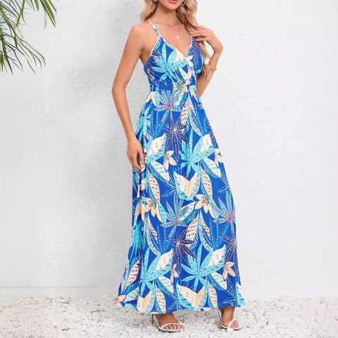 Women's Strap Dress Vacation V Neck Strap Printing Backless Sleeveless Leaves Flower Maxi Long Dress Holiday Beach