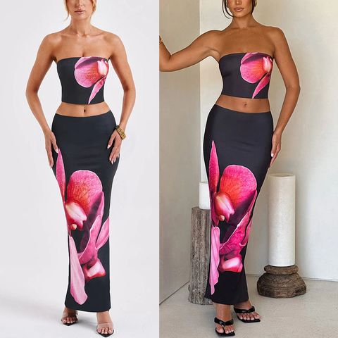 Holiday Daily Women's Vacation Flower Polyester Printing Skirt Sets Skirt Sets
