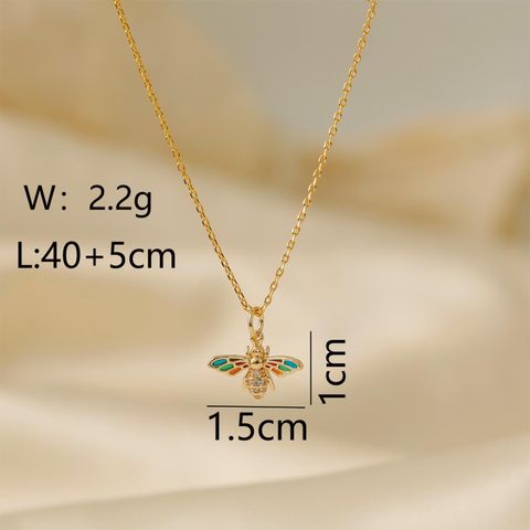 Wholesale IG Style Classic Style Bee Copper Enamel Inlay 18K Gold Plated Zircon Pendant Necklace