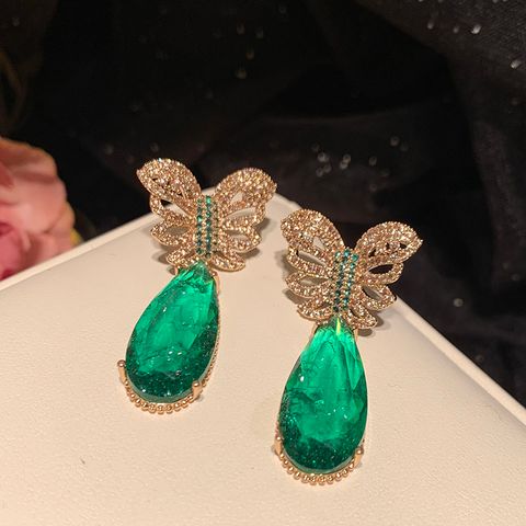 1 Pair Elegant Lady Streetwear Butterfly Inlay Metal Brass Zircon 14K Gold Plated K Gold Plated Drop Earrings
