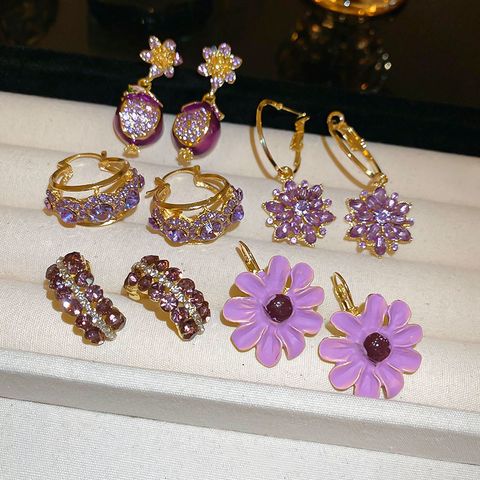 1 Pair Sweet Simple Style Flower Inlay Alloy Rhinestones Drop Earrings