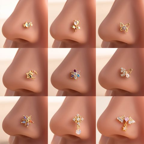 1 Piece Nose Rings & Studs Casual French Style Heart Shape Flower Butterfly 316L Stainless Steel  Copper Inlay Zircon Nose Rings & Studs