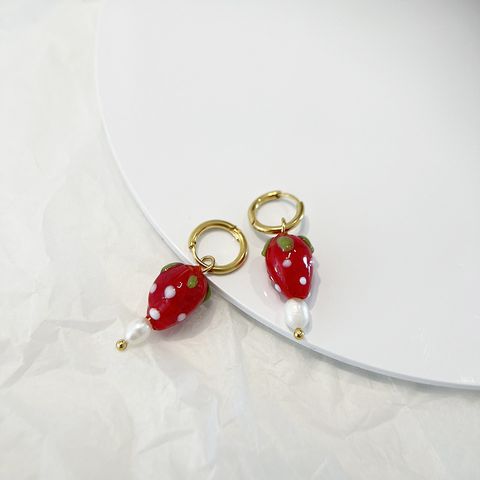 1 Pair Sweet Simple Style Strawberry Freshwater Pearl Glass Titanium Steel 18K Gold Plated Drop Earrings