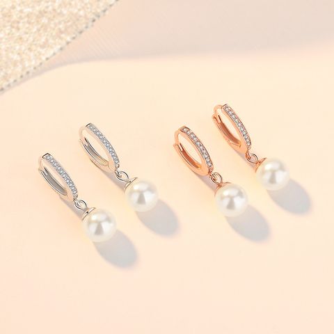 1 Pair Elegant Simple Style Round Plating Inlay Sterling Silver Pearl Zircon Drop Earrings