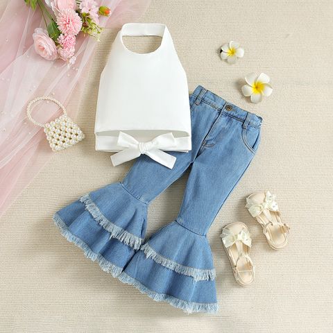 Elegant Solid Color Bow Knot Polyester Girls Clothing Sets