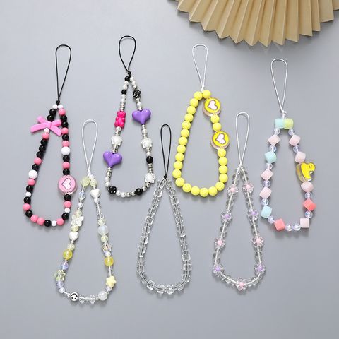 Sweet Simple Style Heart Shape Bow Knot Plastic Beaded Bag Pendant Mobile Phone Chain